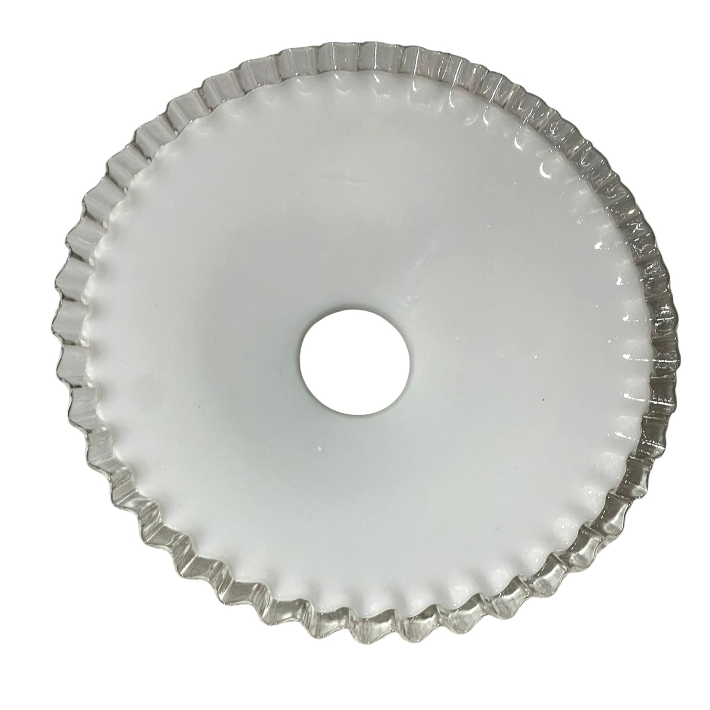 French vintage milk glass opaline lampshade with a clear trimmed frilly edge and a brass bulb holder ideal for a French country style set on a white background