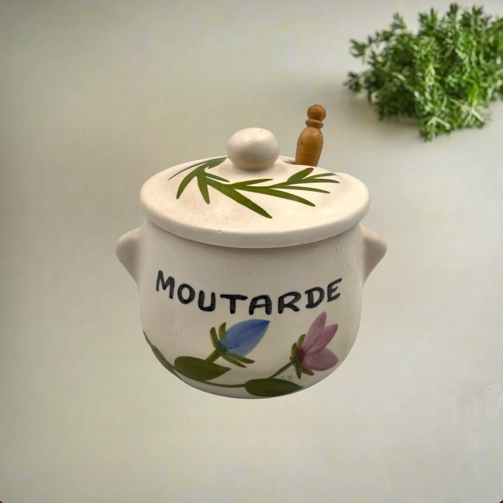 French vintage style mustard pot with wooden spoon