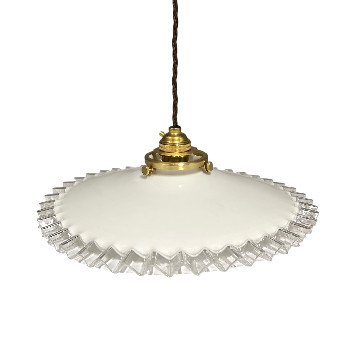 Vintage French Opaline Milk Glass Pendant Pie Crust Lampshade with Brass Collar