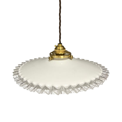 Vintage French Opaline Milk Glass Pendant Pie Crust Lampshade with Brass Collar