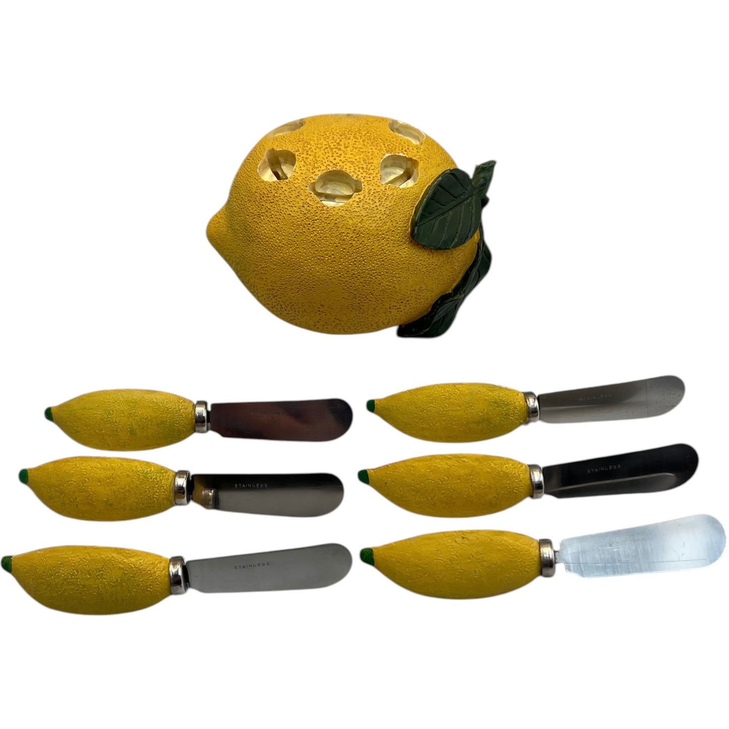 Vintage Kitsch Butter Knives - Set of 6 and Holder - Lemon Shaped