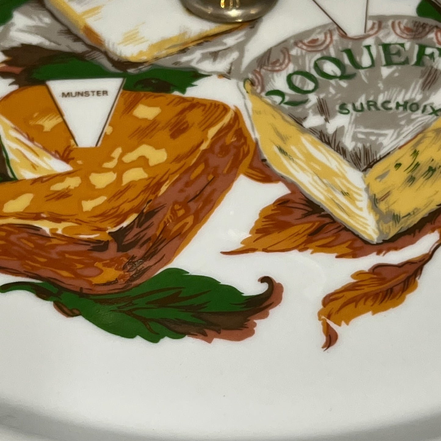 Illustrations of various types of cheese on a decorative plate with leaf patterns.