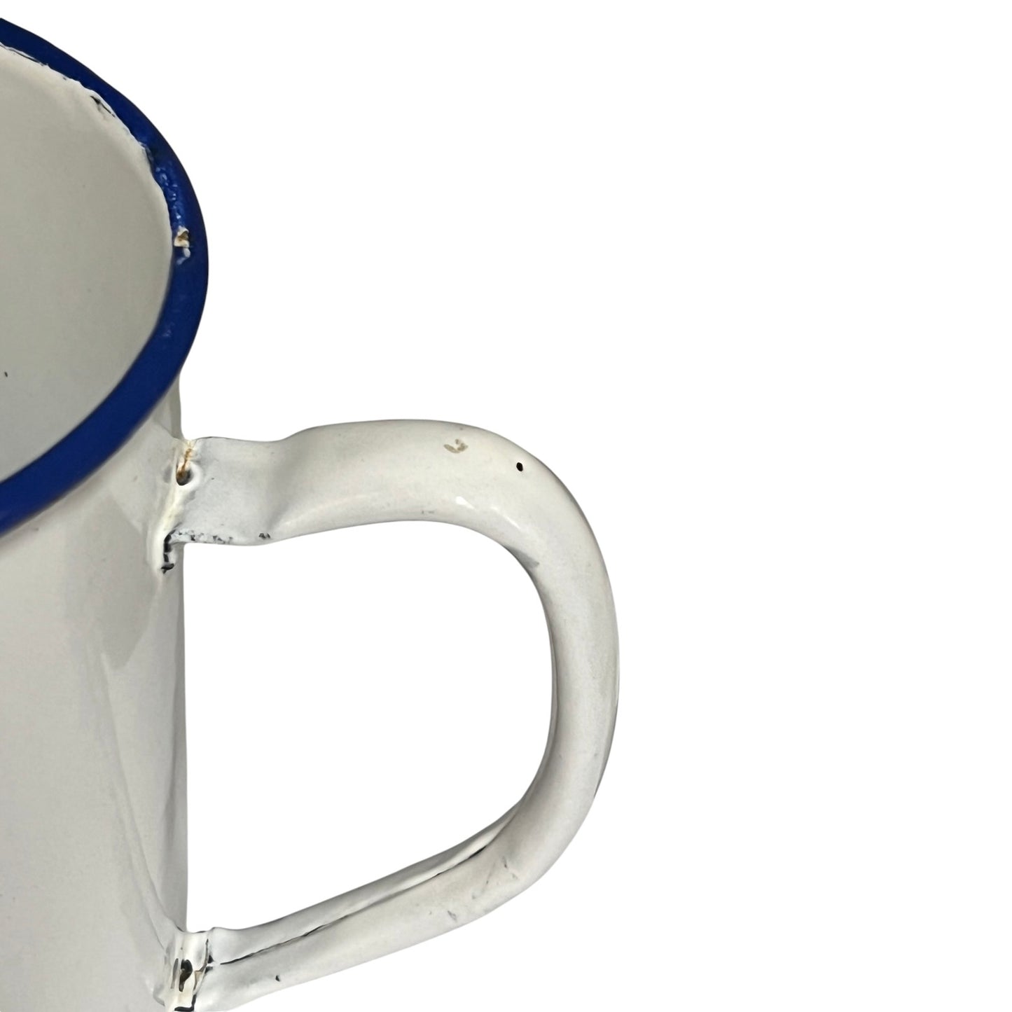 Close-up of a white enamel plant pot handle with a blue rim on a plain white background.