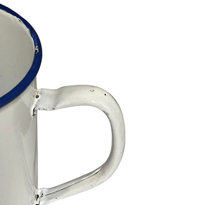 Close-up of a white enamel plant pot handle with a blue rim on a plain white background.