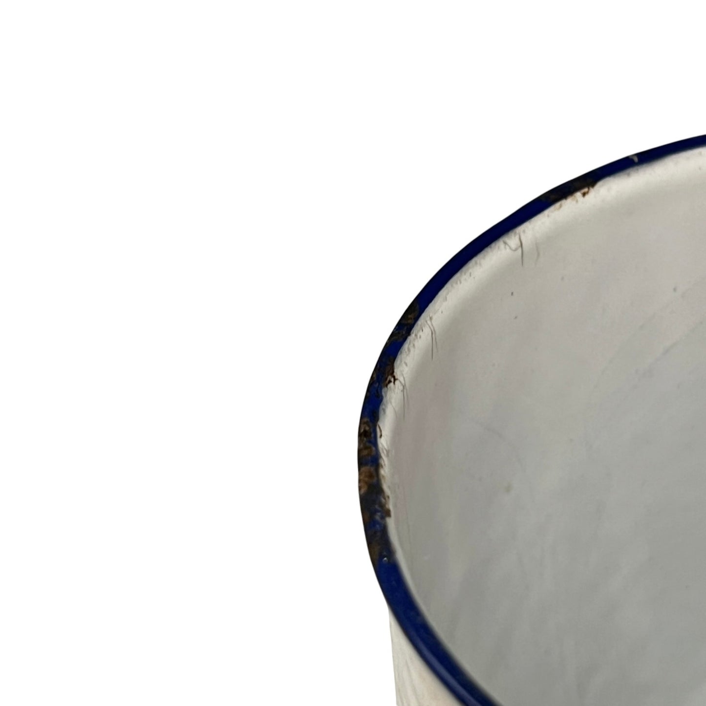 Close up of a French enamel vintage garden wall mounted planter or kitchen bathroom storage pot, on a white background 