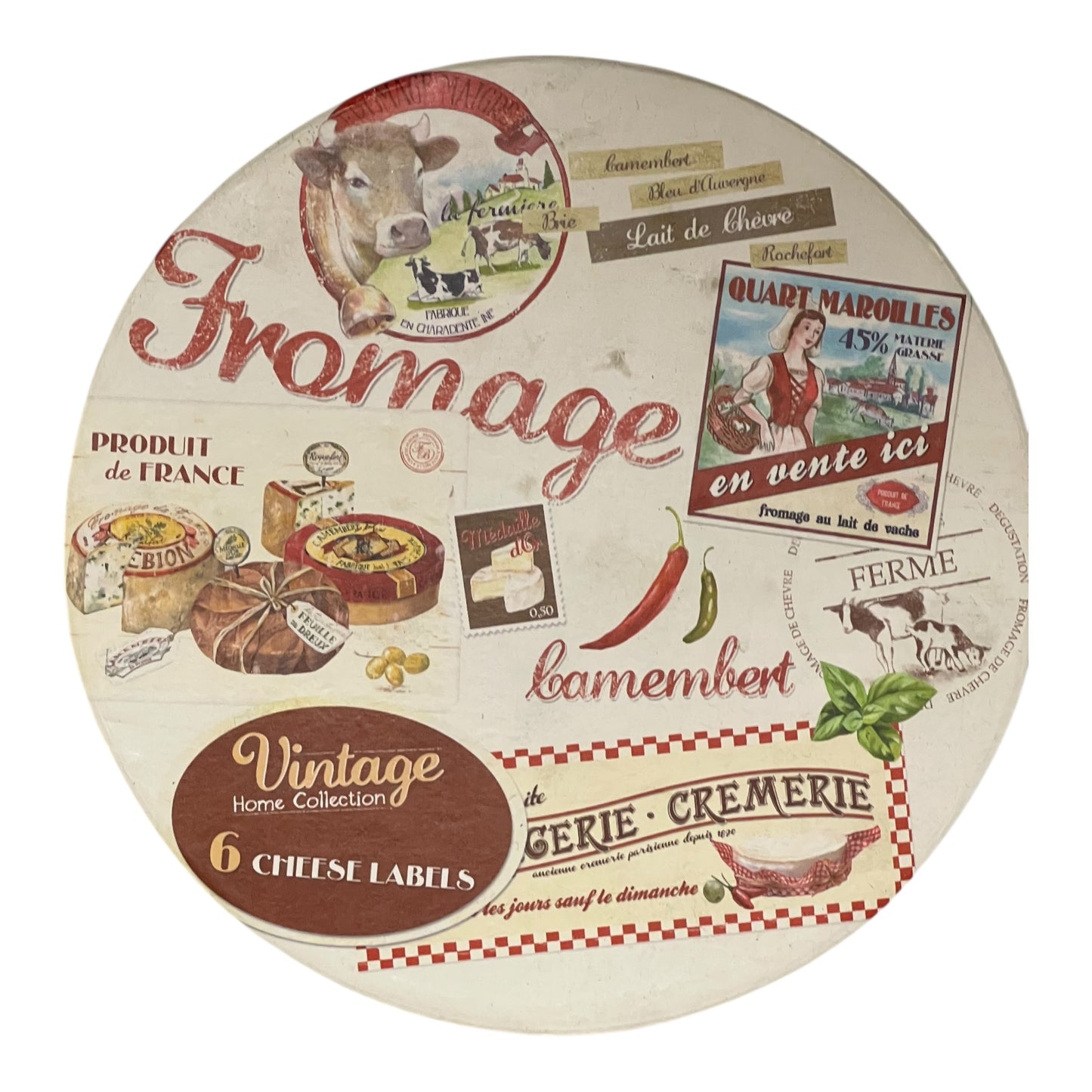 Round decorative box with vintage cheese labels and graphics on a white background