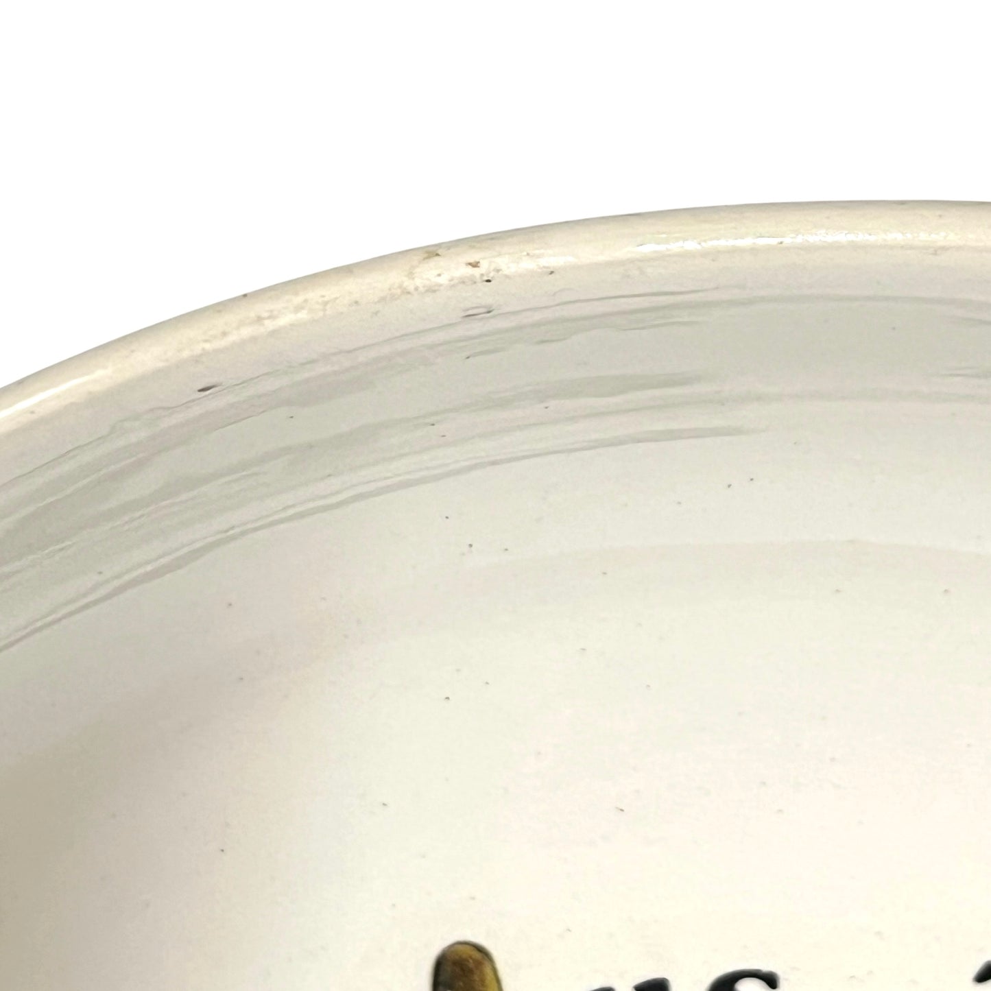 Close-up of a white ceramic plate with visible texture and branding.