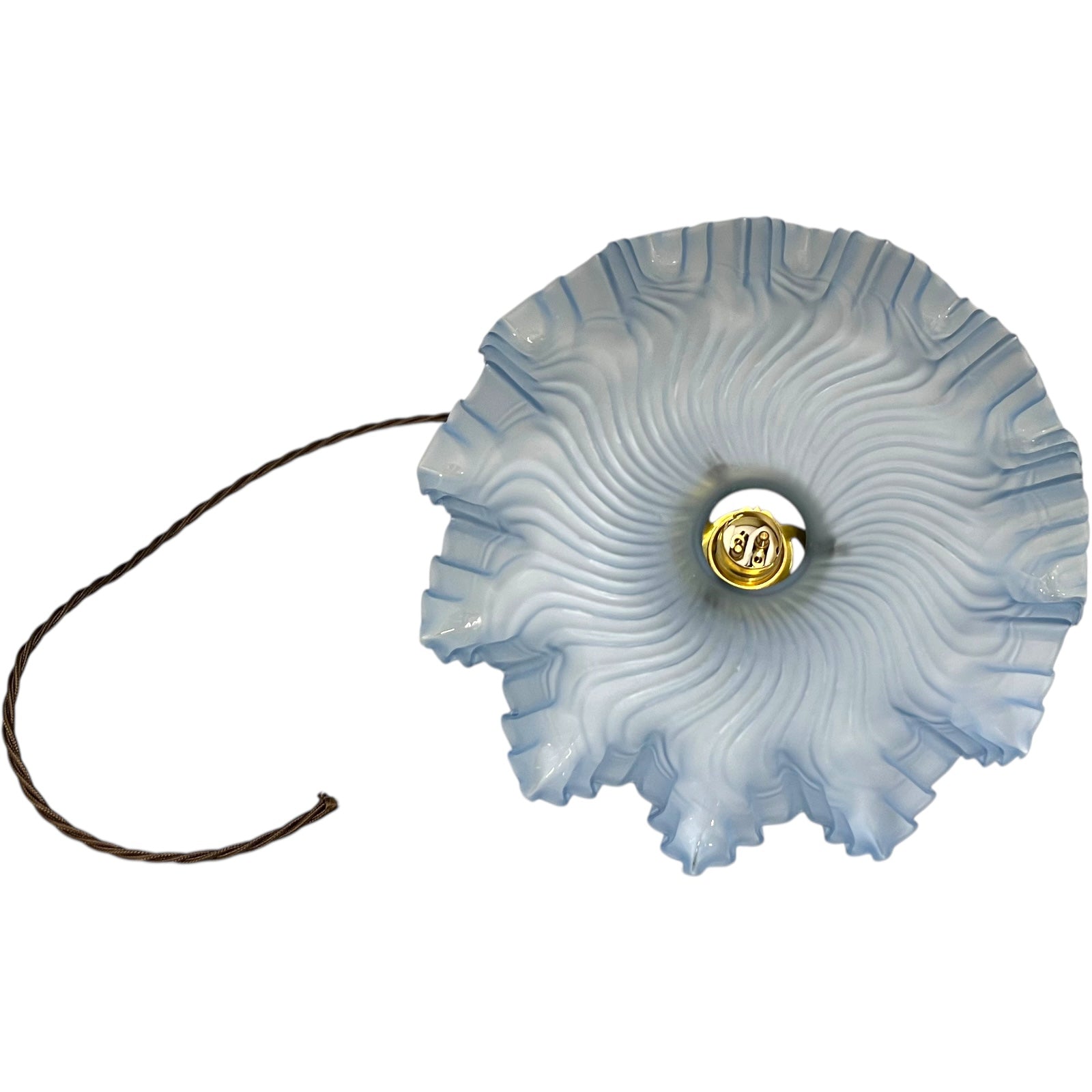 underside of a blue textured glass lampshade with brass sittings and a brown twisted wire