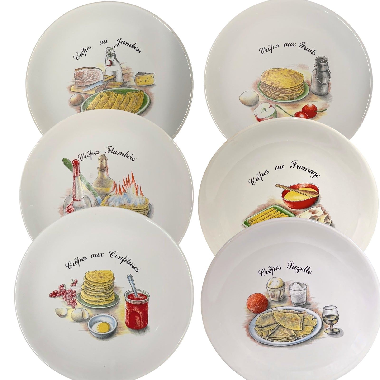 set of 6 French crepes plates on a white background 