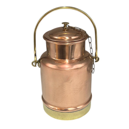 Vintage Copper & Brass Milk Cream Churn, Small 1.9L French Copper Canister with brass handle and lid on a chain for sale 