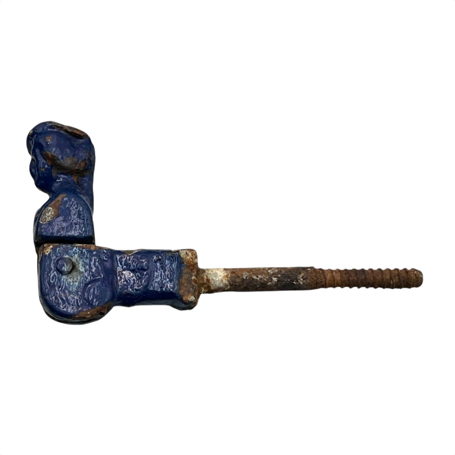 French cast iron shutter dog painted blue with signs and age and wear on a white background