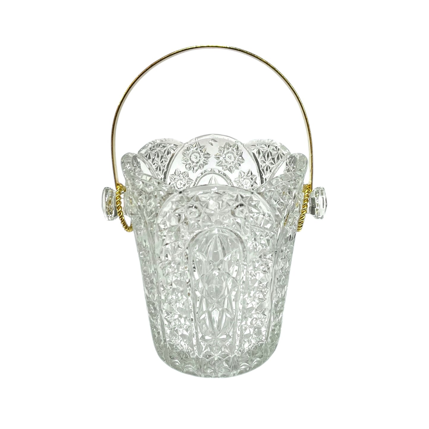 Decorative glass ice bucket with a handle, ideal for a home bar or cocktail bar on a white background