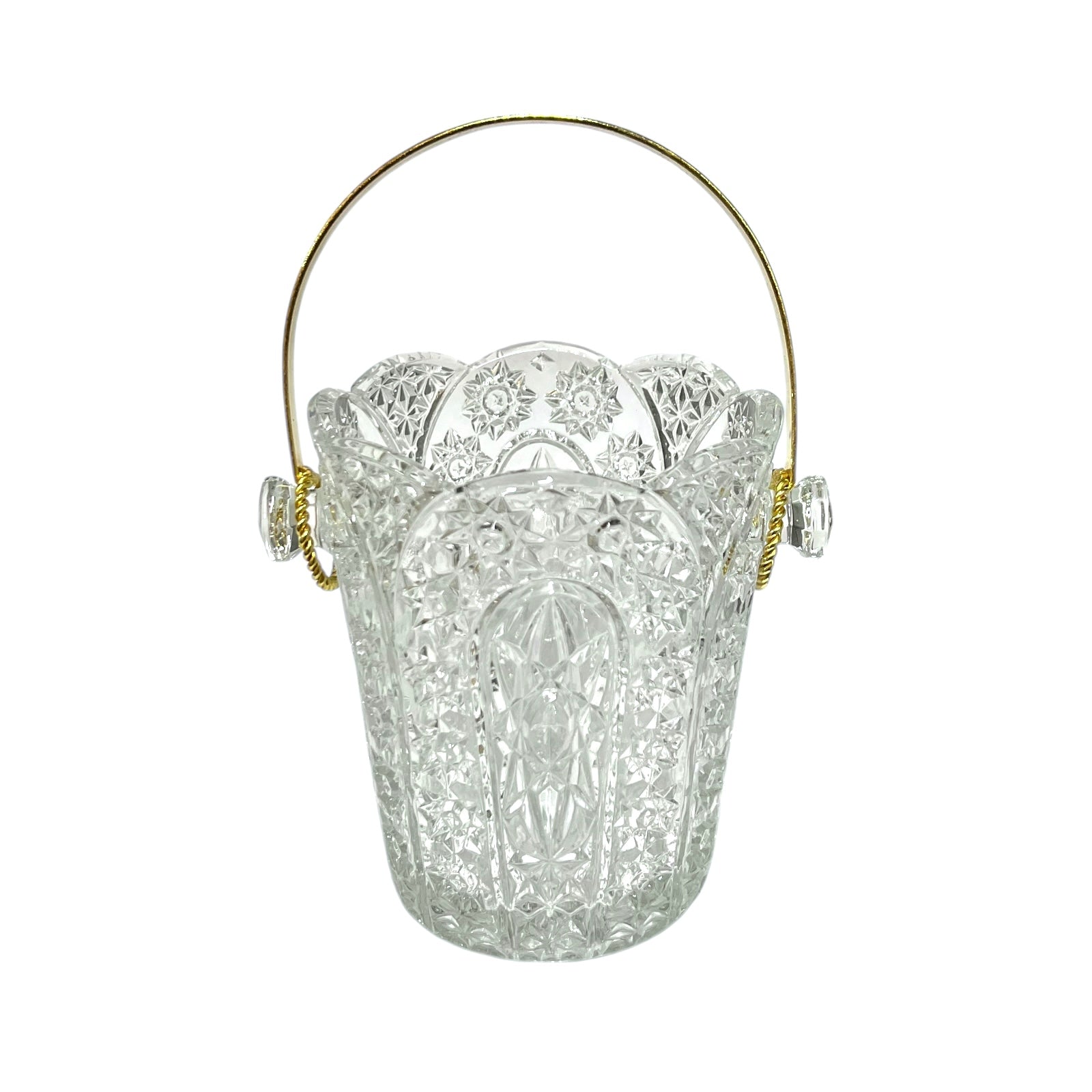 Decorative glass ice bucket with a handle, ideal for a home bar or cocktail bar on a white background