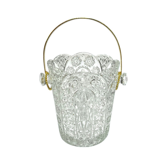 Decorative glass ice bucket with a handle, ideal for a home bar or cocktail bar on a white background