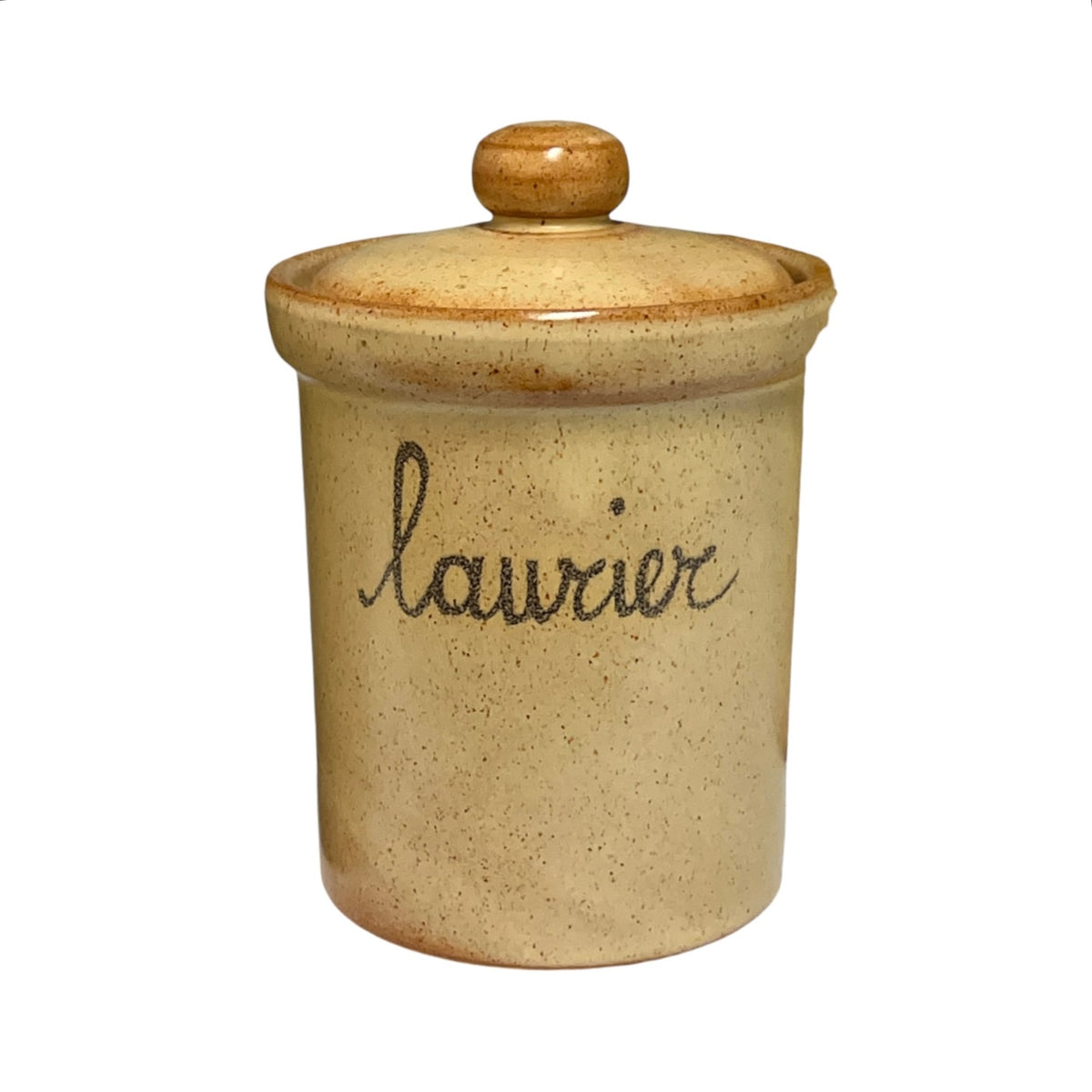 A small speckled ceramic canister with a matching lid and knob, featuring the word 'laurier' written in black cursive on the front, set against a plain white background.
