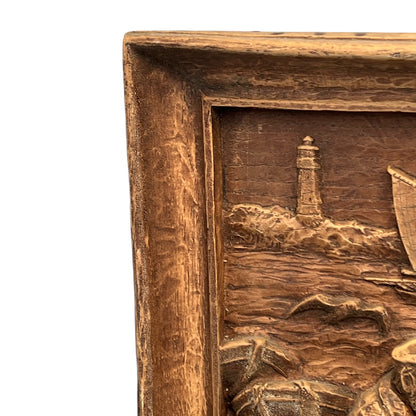 Wooden Arts and Crafts, French Vintage Sea Scene, Hand Carved Bas Relief 