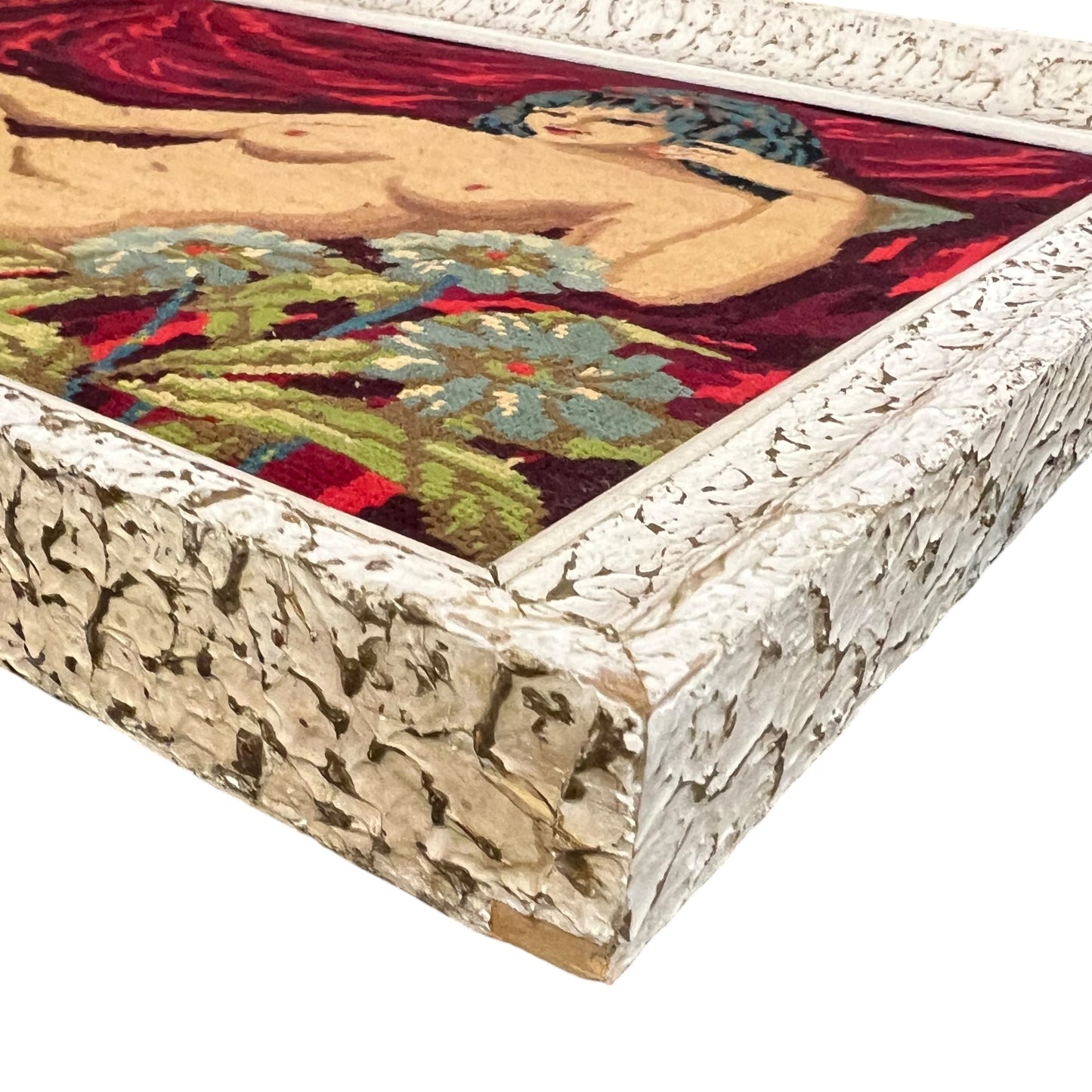 close up of a French vintage tapestry on a white background