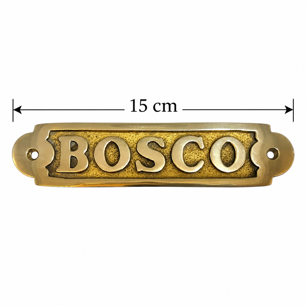 A brass Mousse door plaque with a black measure and text showing a size of 15cm displayed on a white background