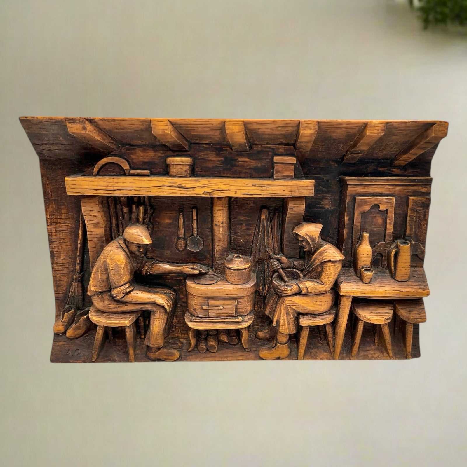 Vintage French Bas Relief Wood Carved Signed Wall Plaque, Cottage Fireside Scene