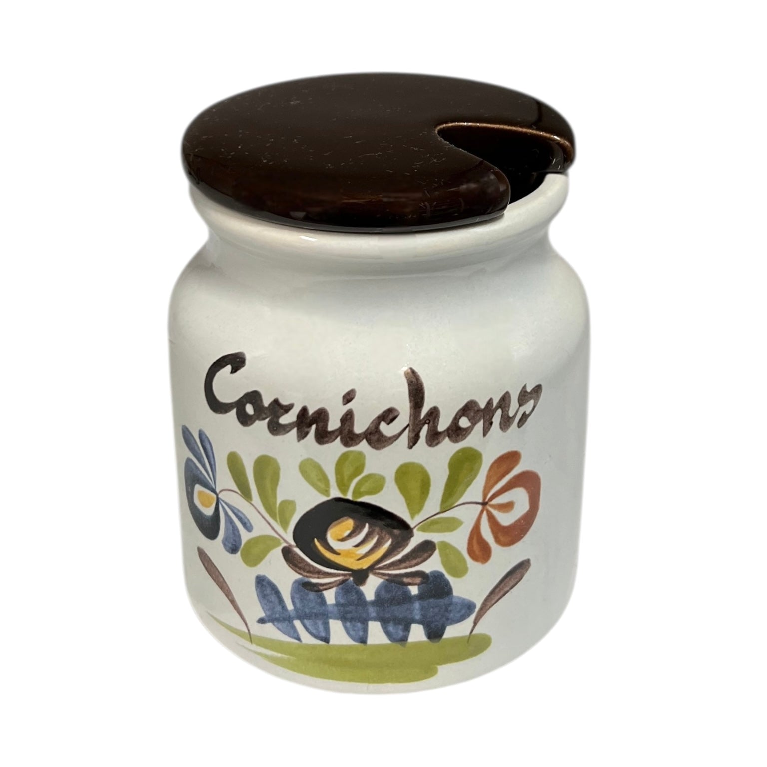 A charming decorative ceramic jar adorned with a floral design and the word 'Cornichons', perfect for adding a rustic touch to a country cottage or farmhouse kitchen, set against a clean white background.