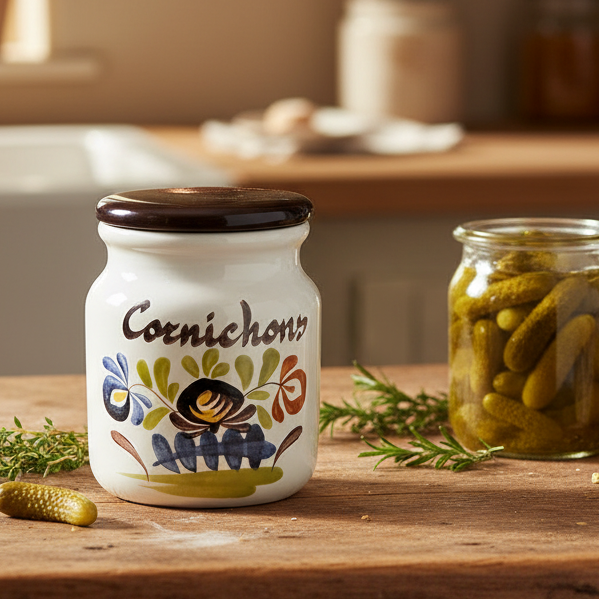 A charming decorative ceramic jar adorned with a floral design and the word 'Cornichons', perfect for adding a rustic touch to a country cottage or farmhouse kitchen, set  on a wooden table with pickles, bread, and olive oil in a kitchen setting.
