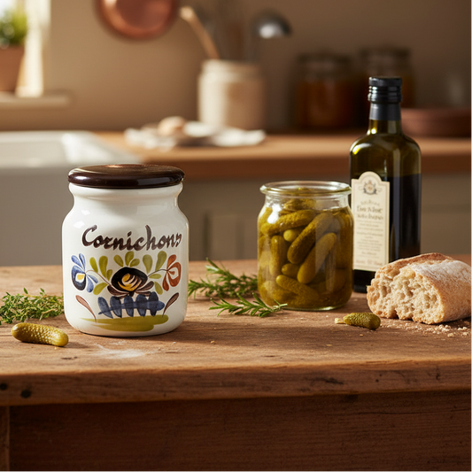 Jar labeled 'Cornichons' on a wooden table with pickles, bread, and olive oil in a kitchen setting.