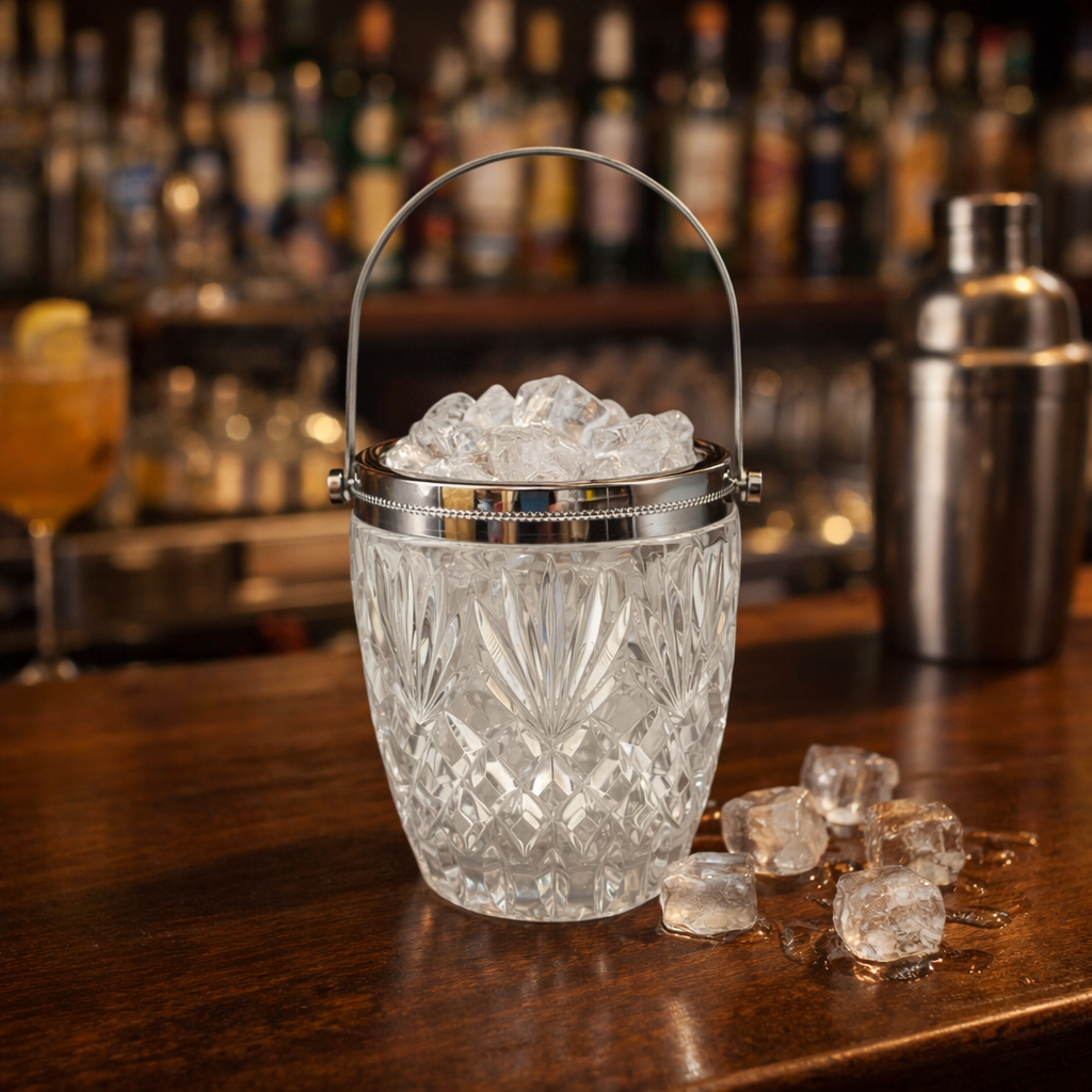 Crystal ice bucket with ice cubes on a bar counter with bottles and a cocktail in the background