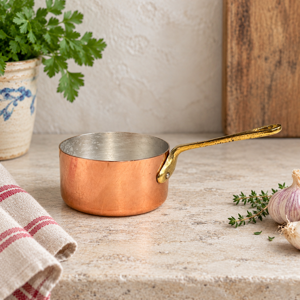 Vintage French Copper Saucepan – 10cm Small Aluminium Lined Pan with Brass Handle