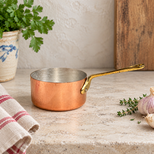 Vintage French Copper Saucepan – 10cm Small Aluminium Lined Pan with Brass Handle