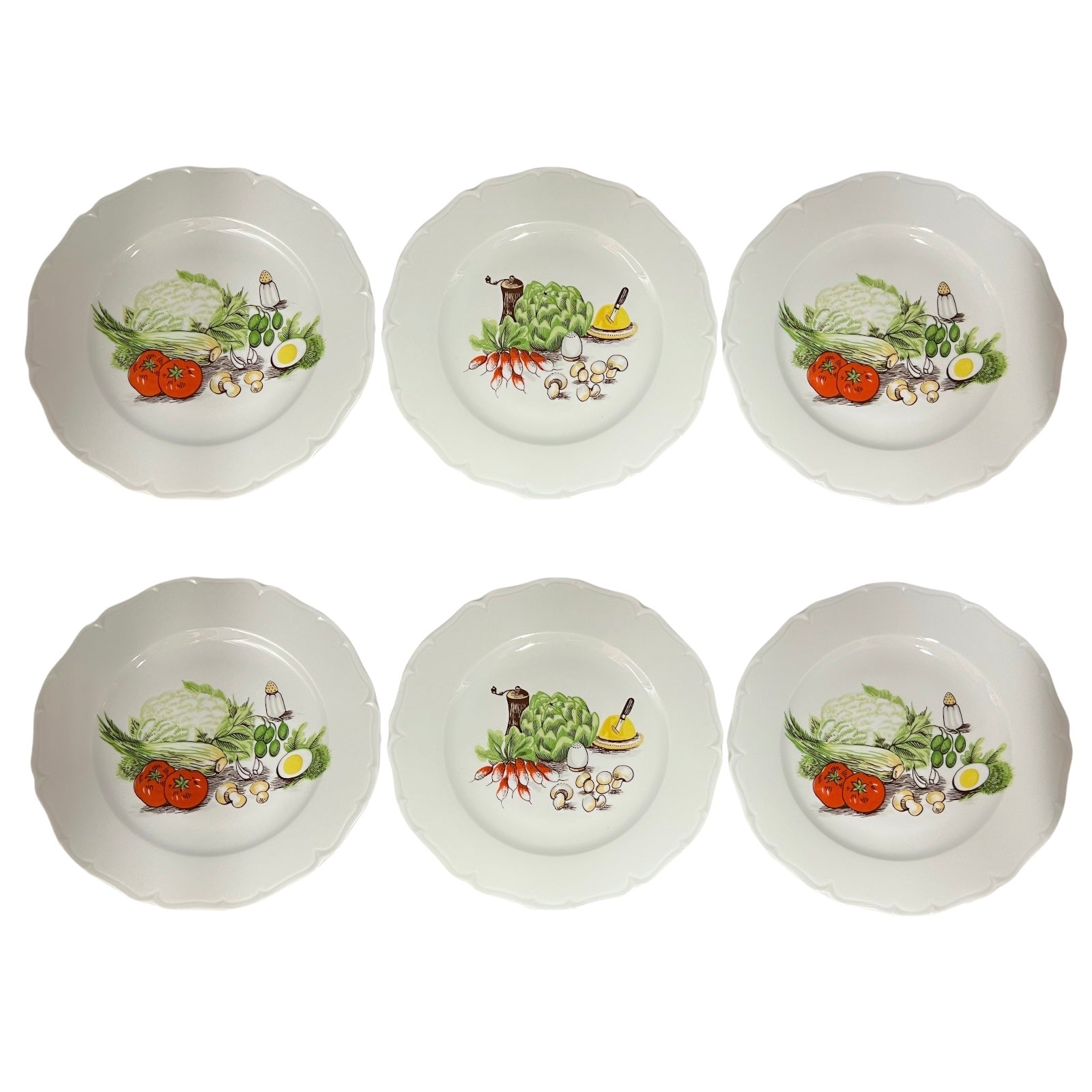 Set of six porcelain plates with decorative salad vegetable illustrations on a white background