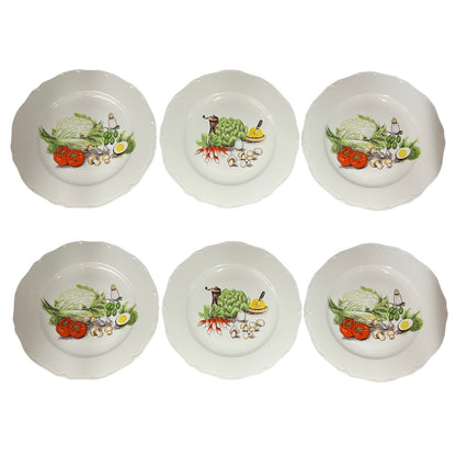 Set of six porcelain plates with decorative salad vegetable illustrations on a white background