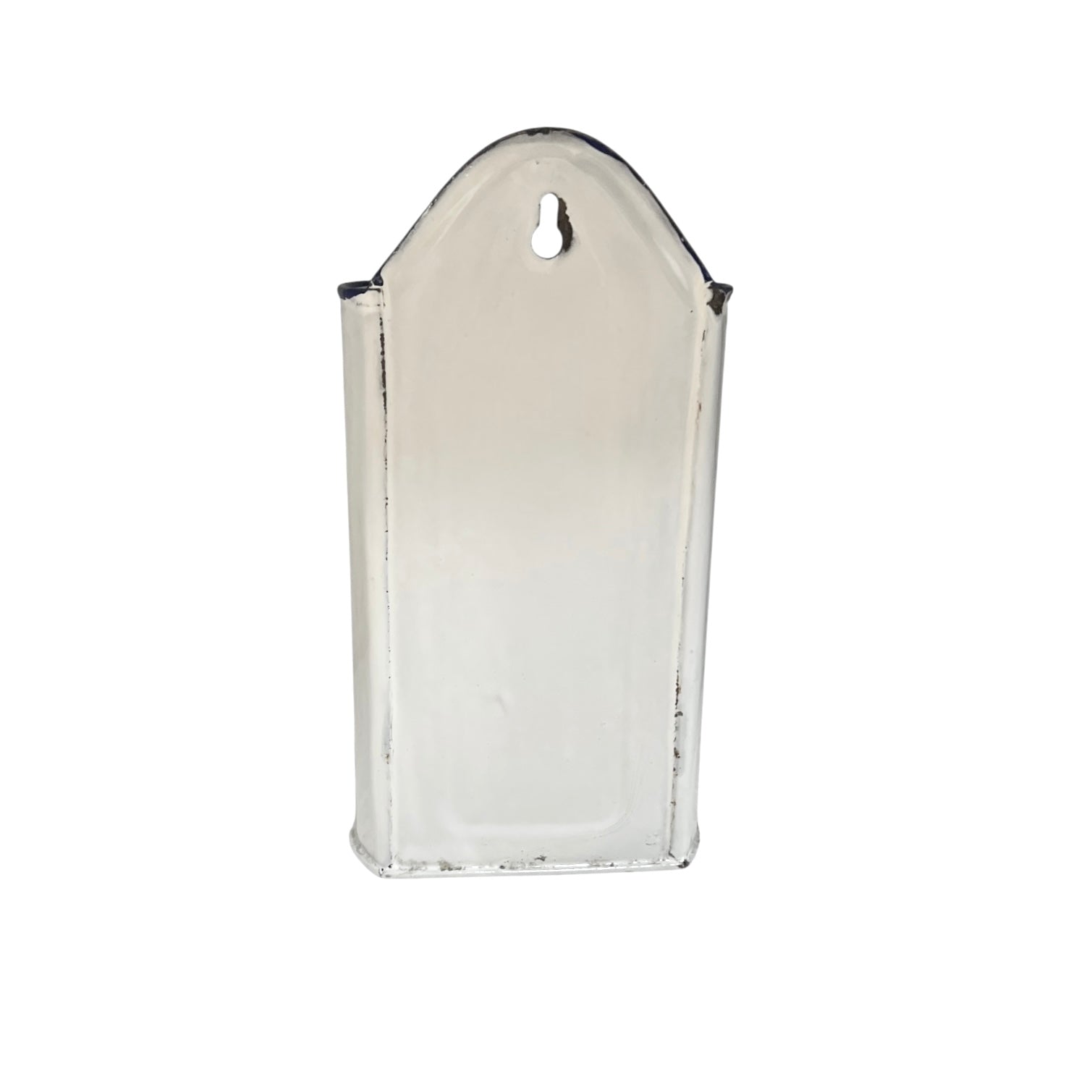 Close up of  French vintage enamel planter with a flat back and a spout on a white background
