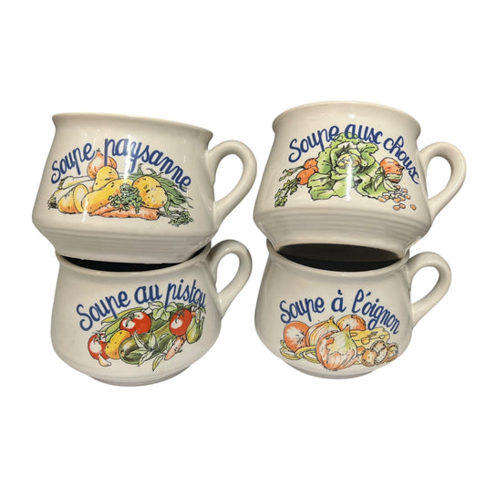 Set of four ceramic soup bowls with vegetable illustrations and text on a white background