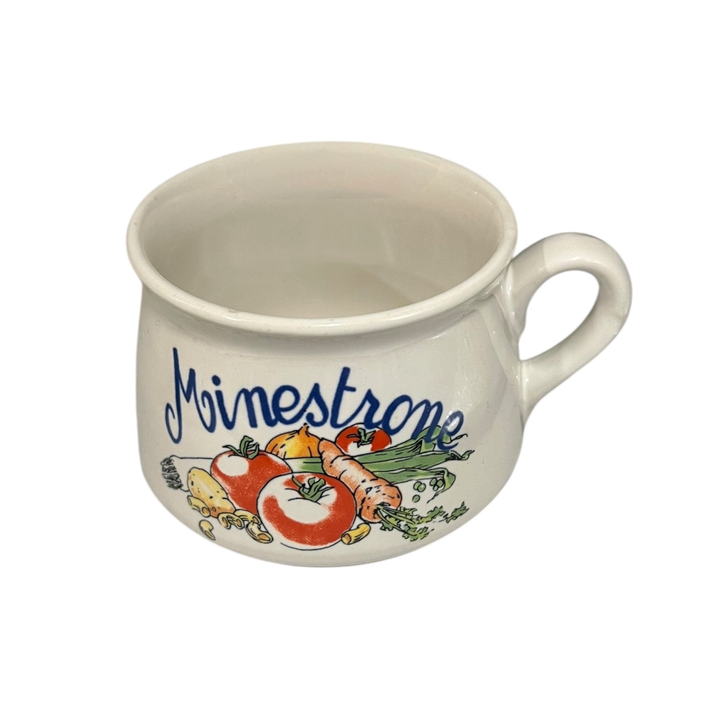 White mug with 'Minestrone' text and vegetable illustrations on a white background