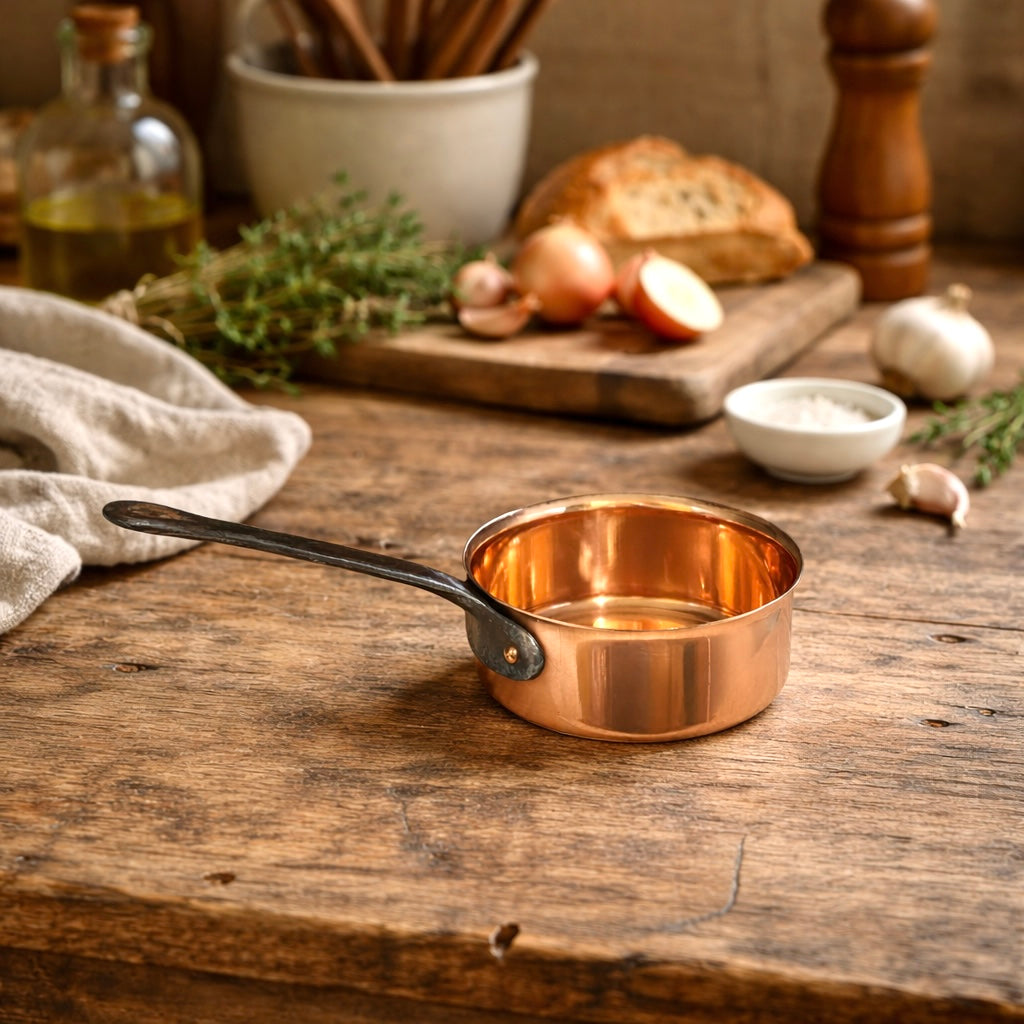 Copper saucepan on a wooden table with kitchen items in the background