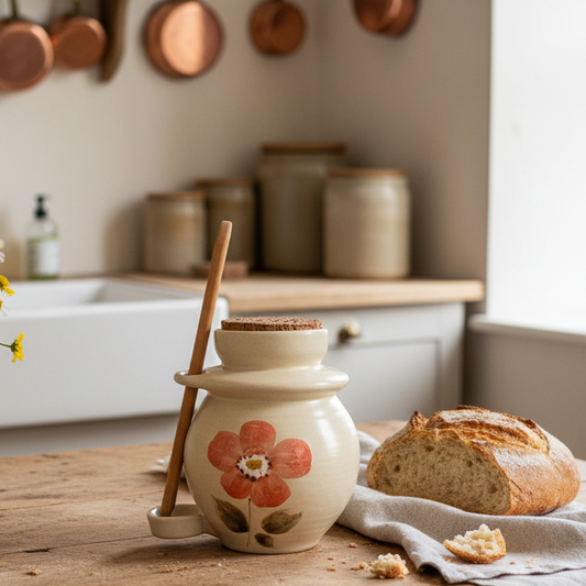 Kitchen counter with bread, a floral jar, and a vase of flowers.