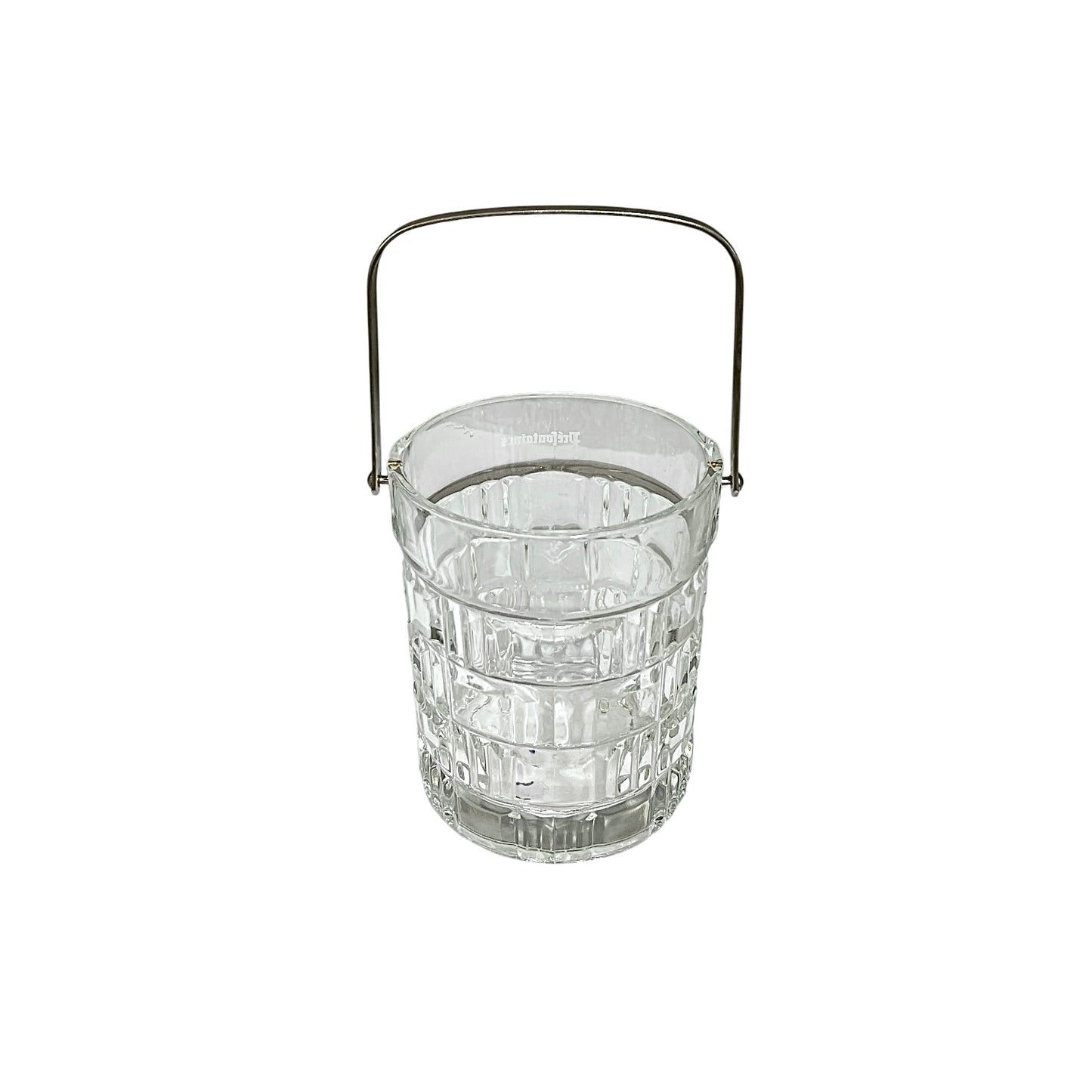 A clear glass bucket with a ribbed textured pattern and a silver metal handle, shown on a plain white background.