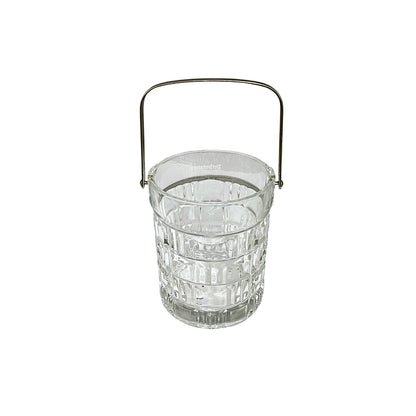 A clear glass bucket with a ribbed textured pattern and a silver metal handle, shown on a plain white background.