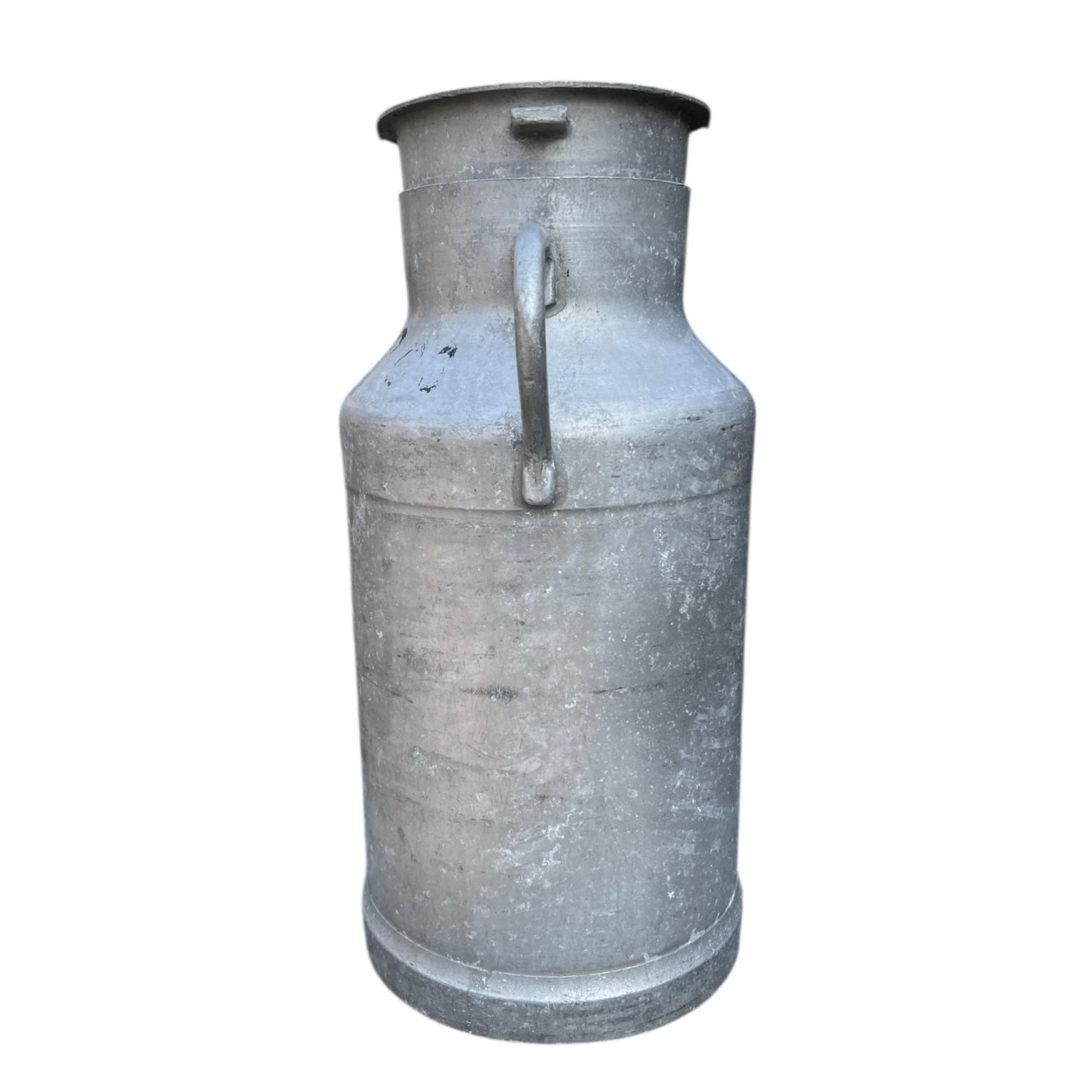 Vintage French aluminium milk churn with a lid on a white background