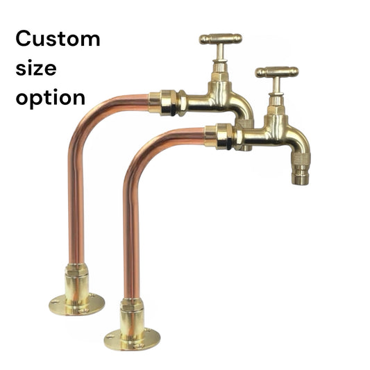 Brass and copper faucet with custom size option text on a white background