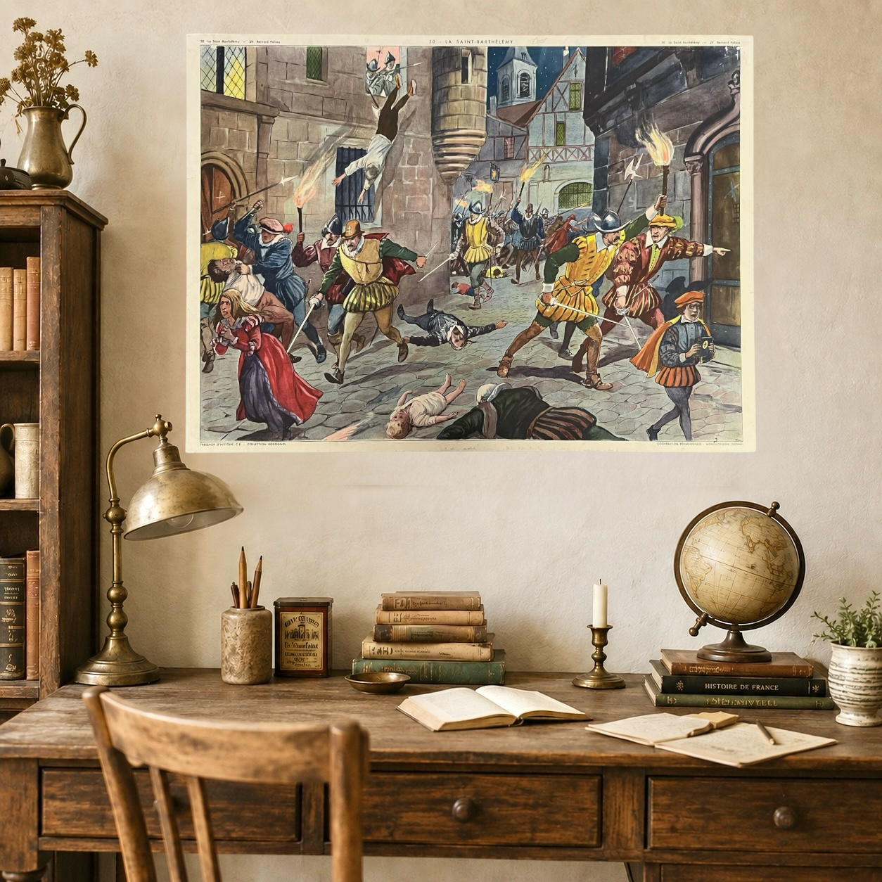 A vintage-style room featuring a desk, lamp, and books, with a large French vintage history poster adorning the wall—perfect for a French-inspired home or a classic vintage office or study.