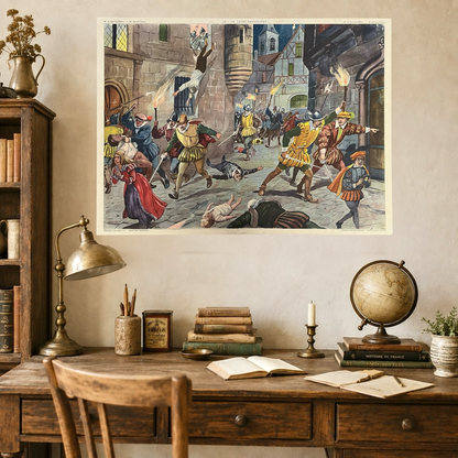 A vintage-style room featuring a desk, lamp, and books, with a large French vintage history poster adorning the wall—perfect for a French-inspired home or a classic vintage office or study.