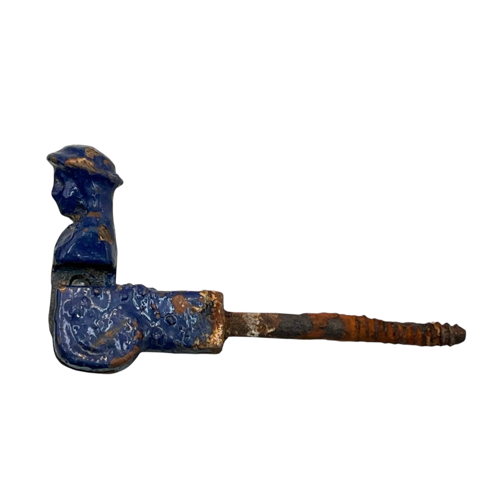 French cast iron shutter dog painted blue with signs and age and wear on a white background