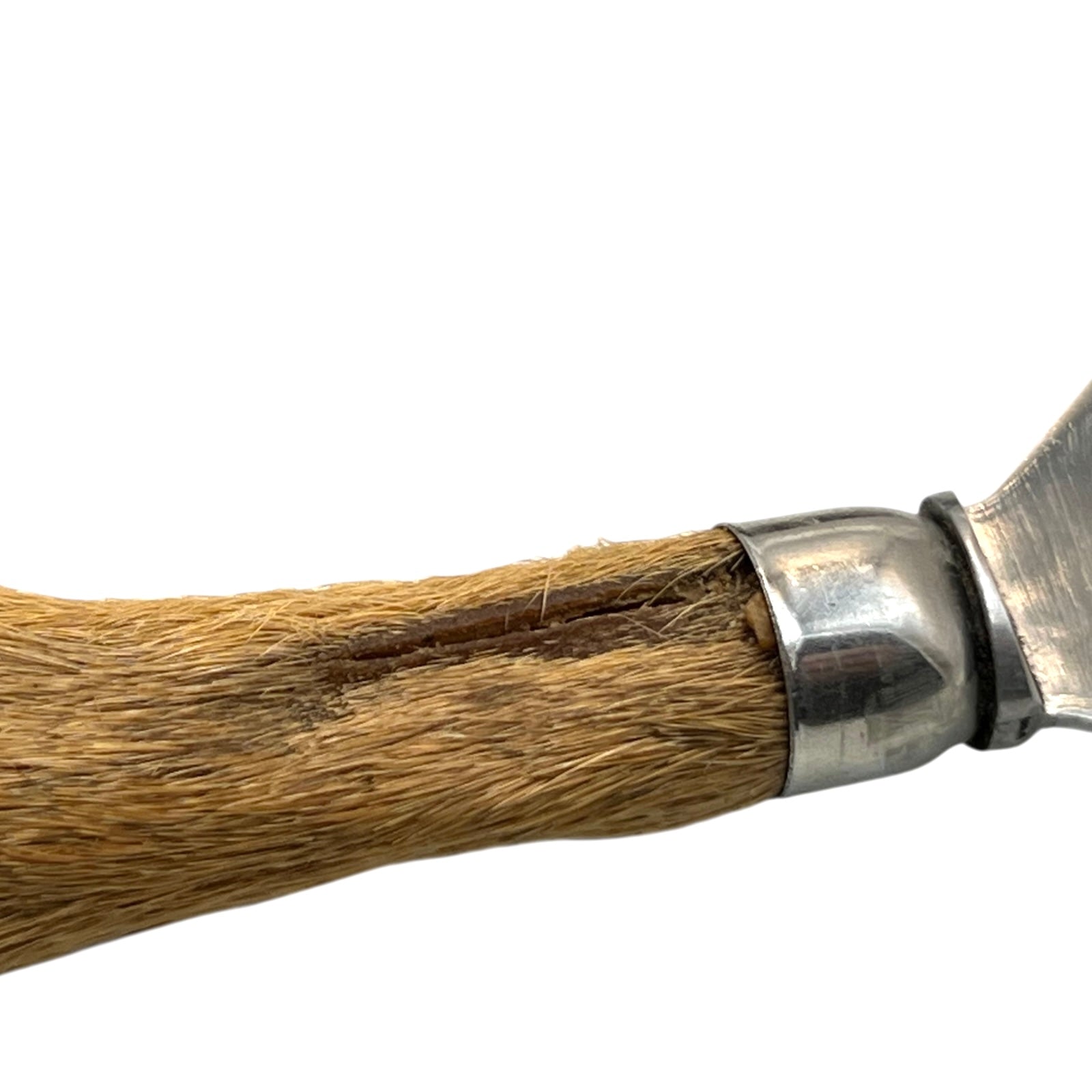 Close-up of a deer hoof handle on a white background