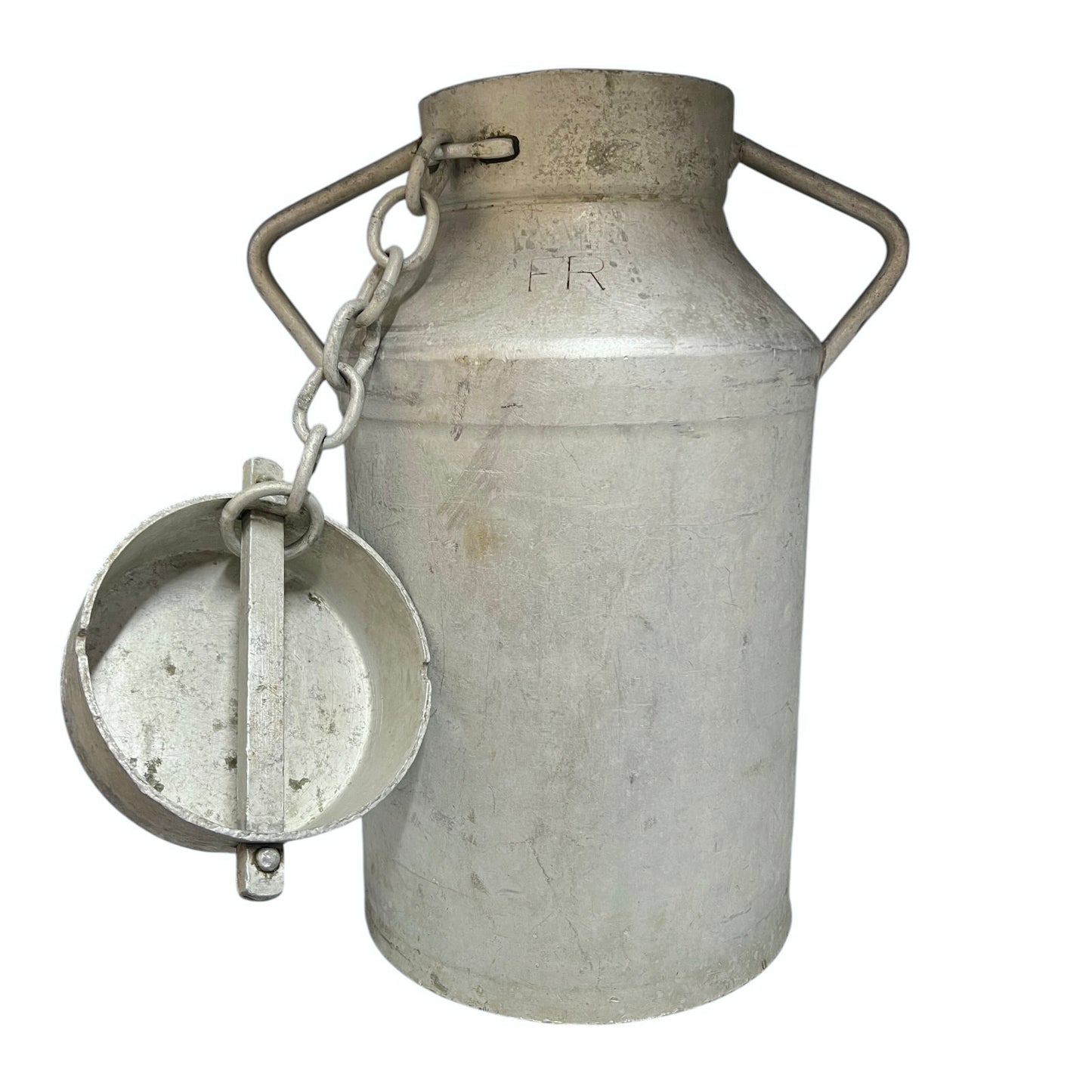 A French vintage aluminum milk churn, perfect for use as a charming garden planter or creatively upcycled into a seat, complete with a lid, set against a white background.