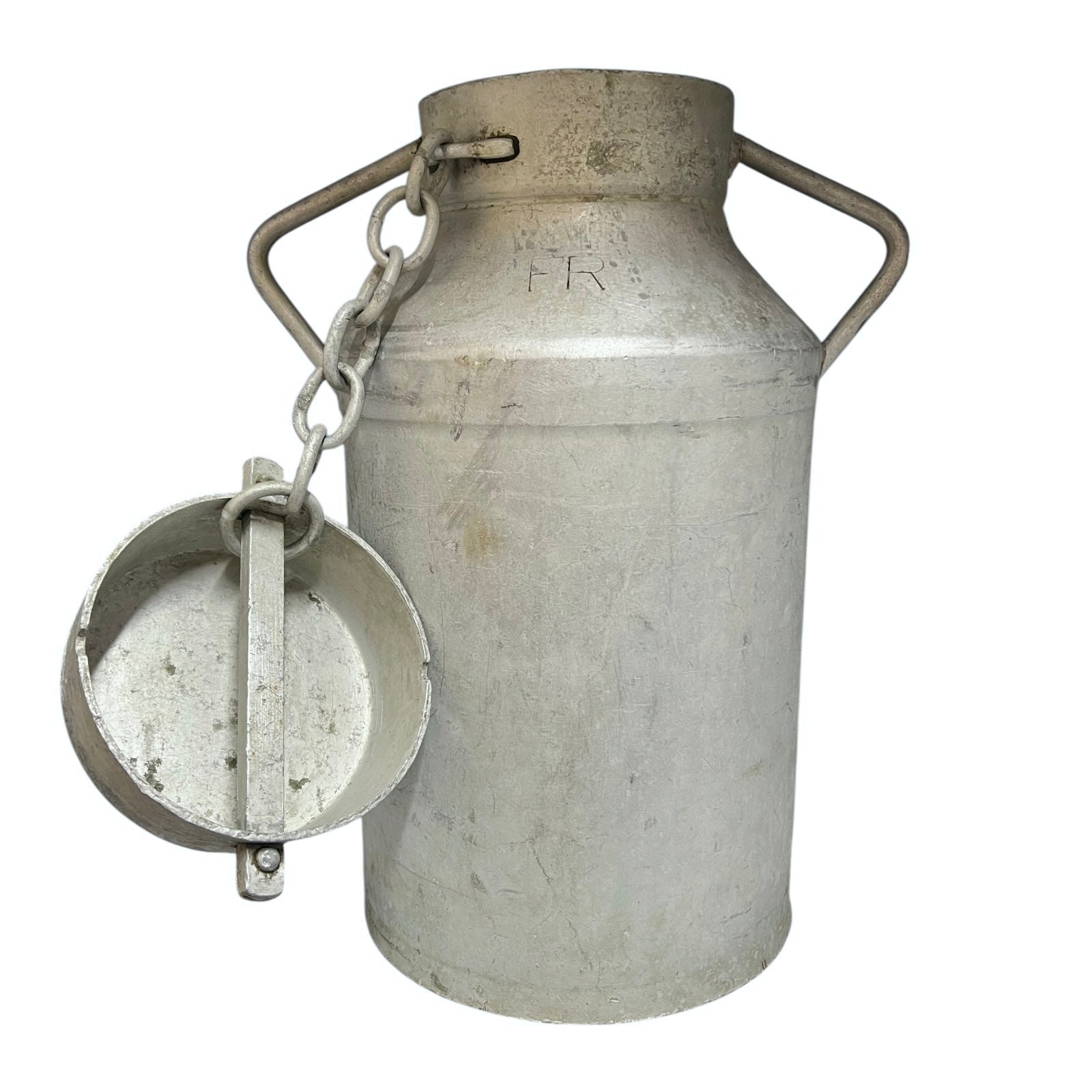 A French vintage aluminum milk churn, perfect for use as a charming garden planter or creatively upcycled into a seat, complete with a lid, set against a white background.