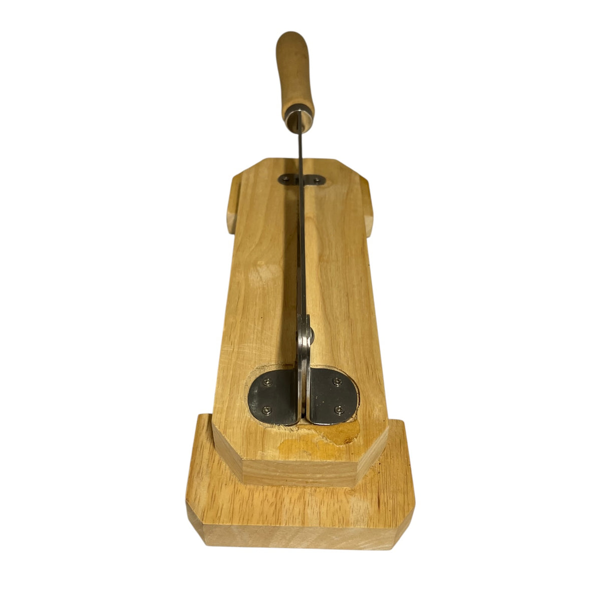 A French baguette cutter resting on a wooden stand against a white background.