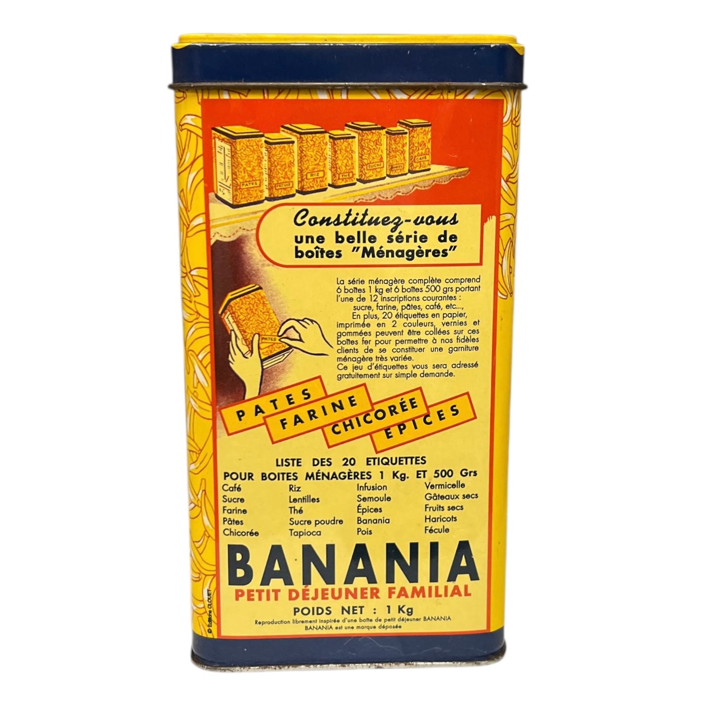 Vintage-style packaging for Banania food product with yellow and orange design.
