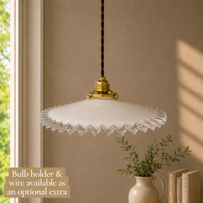 Vintage French Opaline Milk Glass Pendant Pie Crust Lampshade with Brass Collar