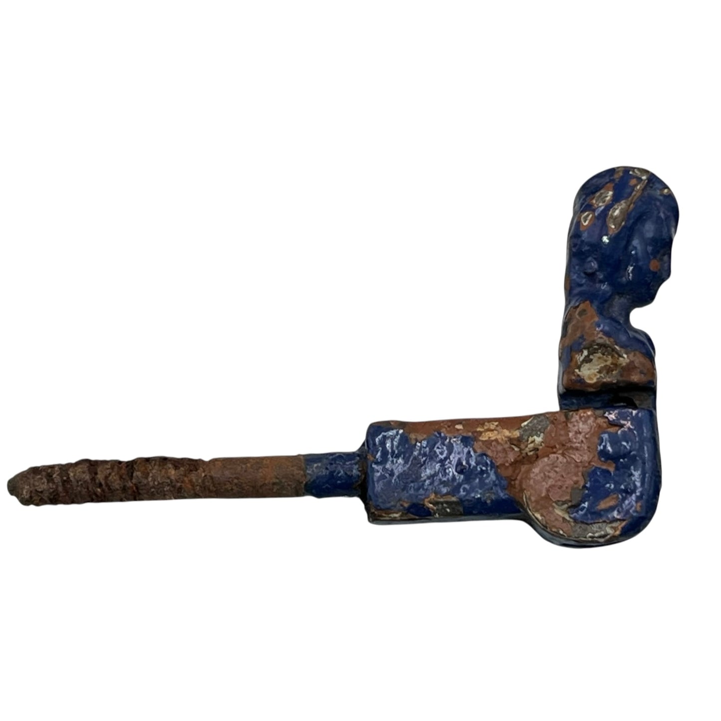 French cast iron shutter dog painted blue with signs and age and wear on a white background